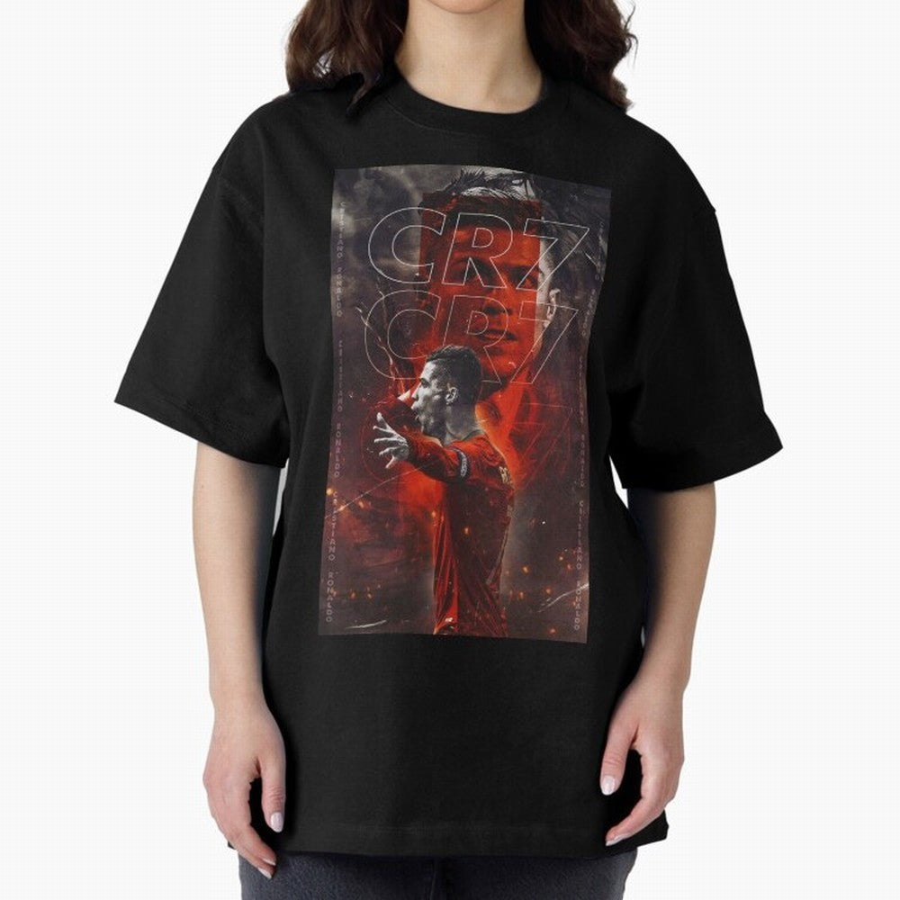 Cristiano Ronaldo Art Oversized T-Shirt Carry Global Football Passion for FIFA World Cup 2026, Celebrating CR7 and Messi, France and Portugal, Vintage Soccer Flavor, Modern Football Stars, National Flags and Final Night Emotion; Made for Die Hard