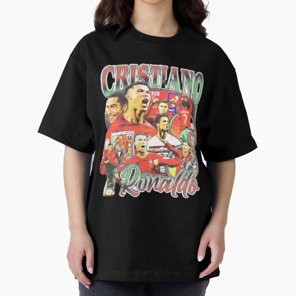 Cristiano Ronaldo Graphic Shirt Oversized T-Shirt Celebrate Fan Culture around FIFA World Cup 2026 Group Stage Connected to Mbappe, France and Portugal Energy, Global Supporter Spirit, Legendary Goals, National Colors and Tournament Celebration;