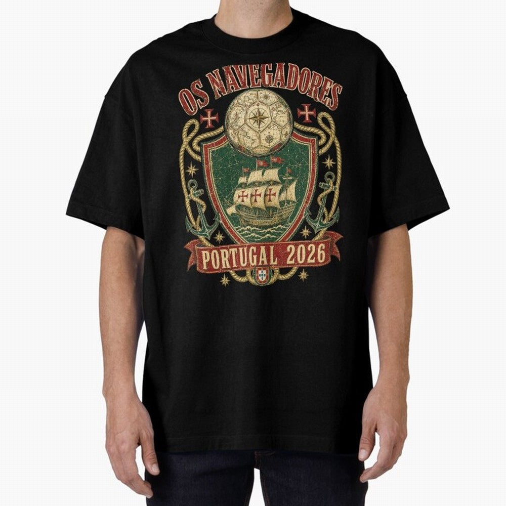 Os Navegadores Portugal 2026 World Cup Soccer T-Shirt Oversized T-Shirt Embrace FIFA World Cup 2026 Highlighting CR7, Brazil, Portugal and Argentina Energy, Worldwide Fan Energy, Dramatic Goals, Stadium Lights and Championship Celebrations; Perfect