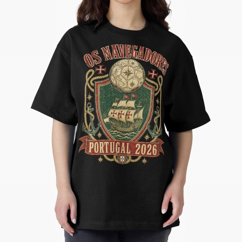 Os Navegadores Portugal 2026 World Cup Soccer T-Shirt Oversized T-Shirt Embrace FIFA World Cup 2026 Highlighting CR7, Brazil, Portugal and Argentina Energy, Worldwide Fan Energy, Dramatic Goals, Stadium Lights and Championship Celebrations; Perfect