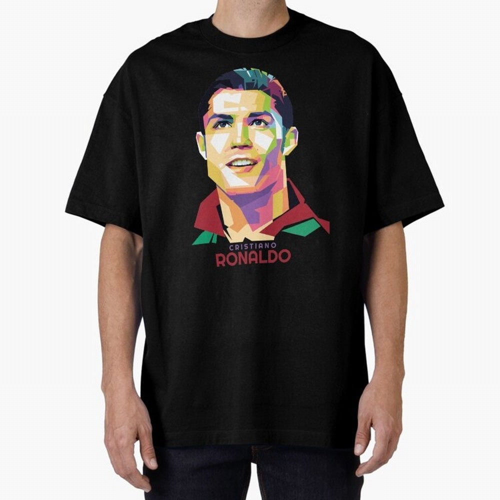 Geometric Celebrity Cristiano Ronaldo Oversized T-Shirt Fuel FIFA World Cup 2026 USA Canada Mexico for Fans of Messi and Spain and Netherlands, Bringing Sports Nostalgia, International Competition, Famous Players and Unforgettable Victories;