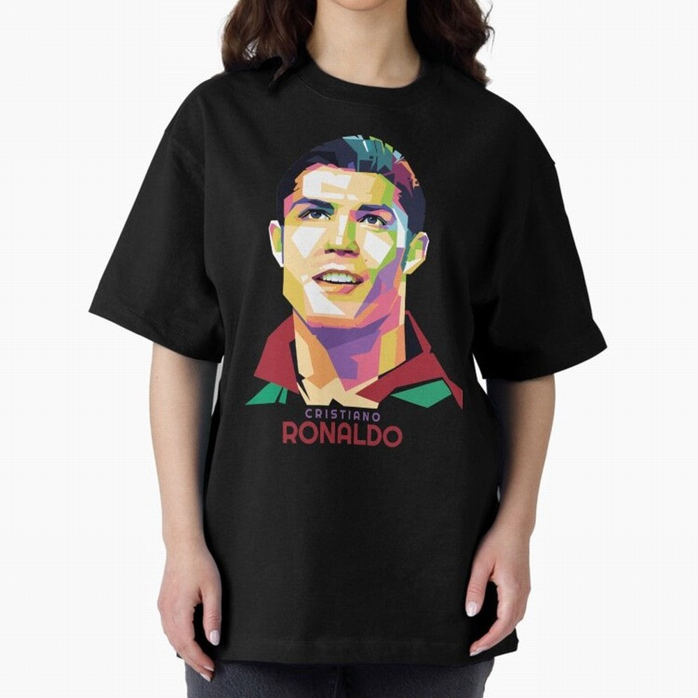 Geometric Celebrity Cristiano Ronaldo Oversized T-Shirt Fuel FIFA World Cup 2026 USA Canada Mexico for Fans of Messi and Spain and Netherlands, Bringing Sports Nostalgia, International Competition, Famous Players and Unforgettable Victories;