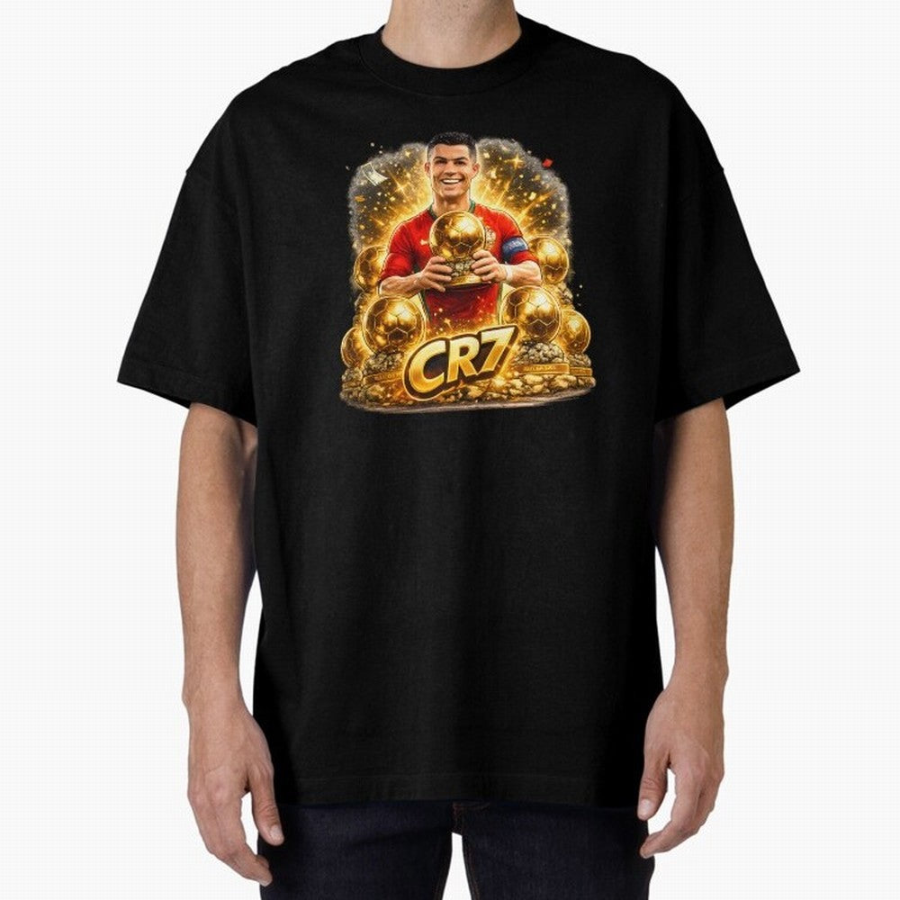 CR7 Five Ballon d'Or Trophies Cartoon ¨C Football Legend Illustration Oversized T-Shirt Bring Champion Energy into FIFA World Cup 2026 Group Stage for Fans of Neymar, Haaland and Cristiano Ronaldo and France and Portugal, Bringing Football History,