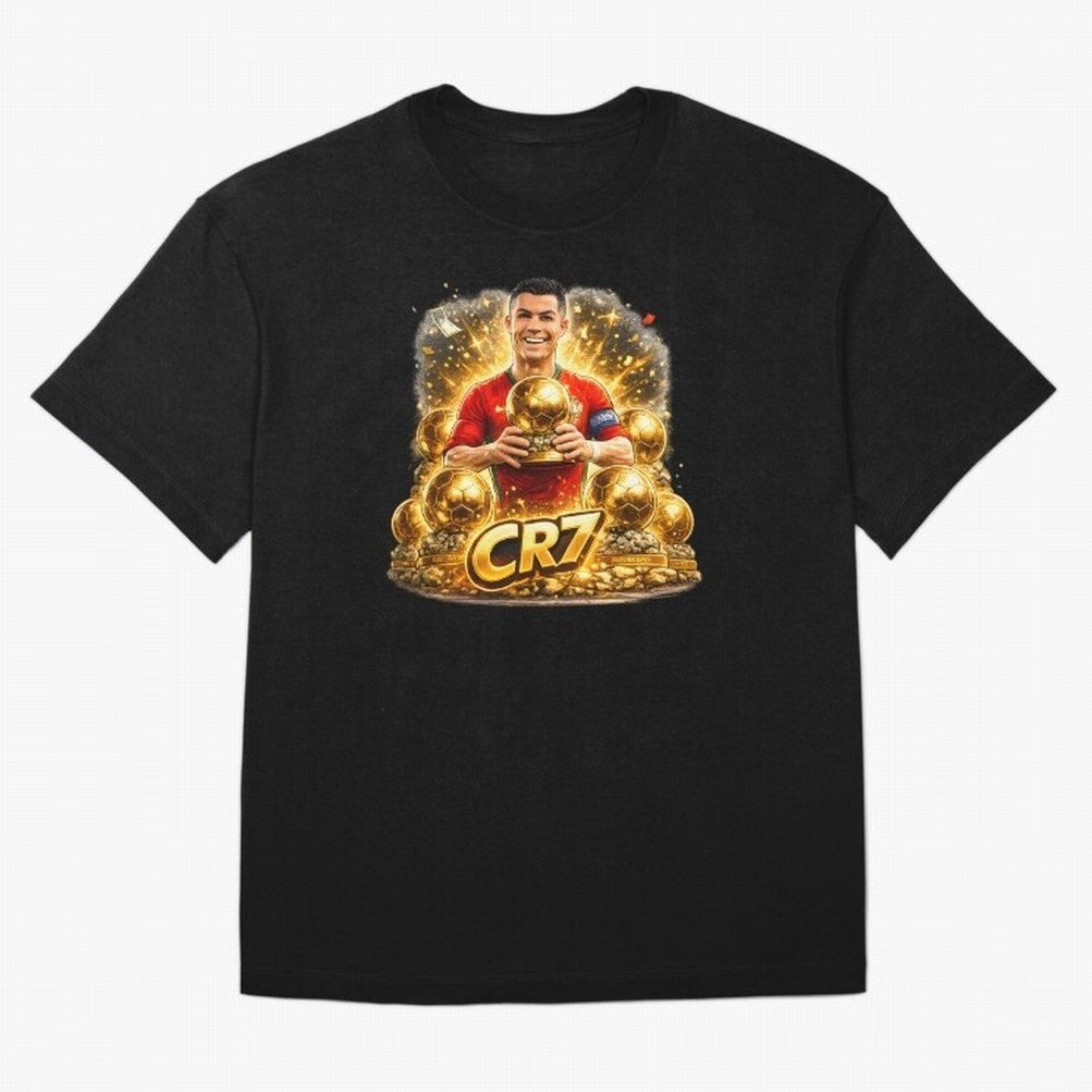 CR7 Five Ballon d'Or Trophies Cartoon ¨C Football Legend Illustration Oversized T-Shirt Bring Champion Energy into FIFA World Cup 2026 Group Stage for Fans of Neymar, Haaland and Cristiano Ronaldo and France and Portugal, Bringing Football History,