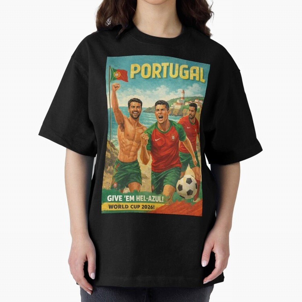 Portugal Hel-Azul Spirit at Cabo da Roca and Bel¨¦m Tower for FIFA World Cup 2026 Oversized T-Shirt Feel International Energy from Global Football Passion for FIFA World Cup 2026, Inspired by Neymar, Haaland and Cristiano Ronaldo, France and