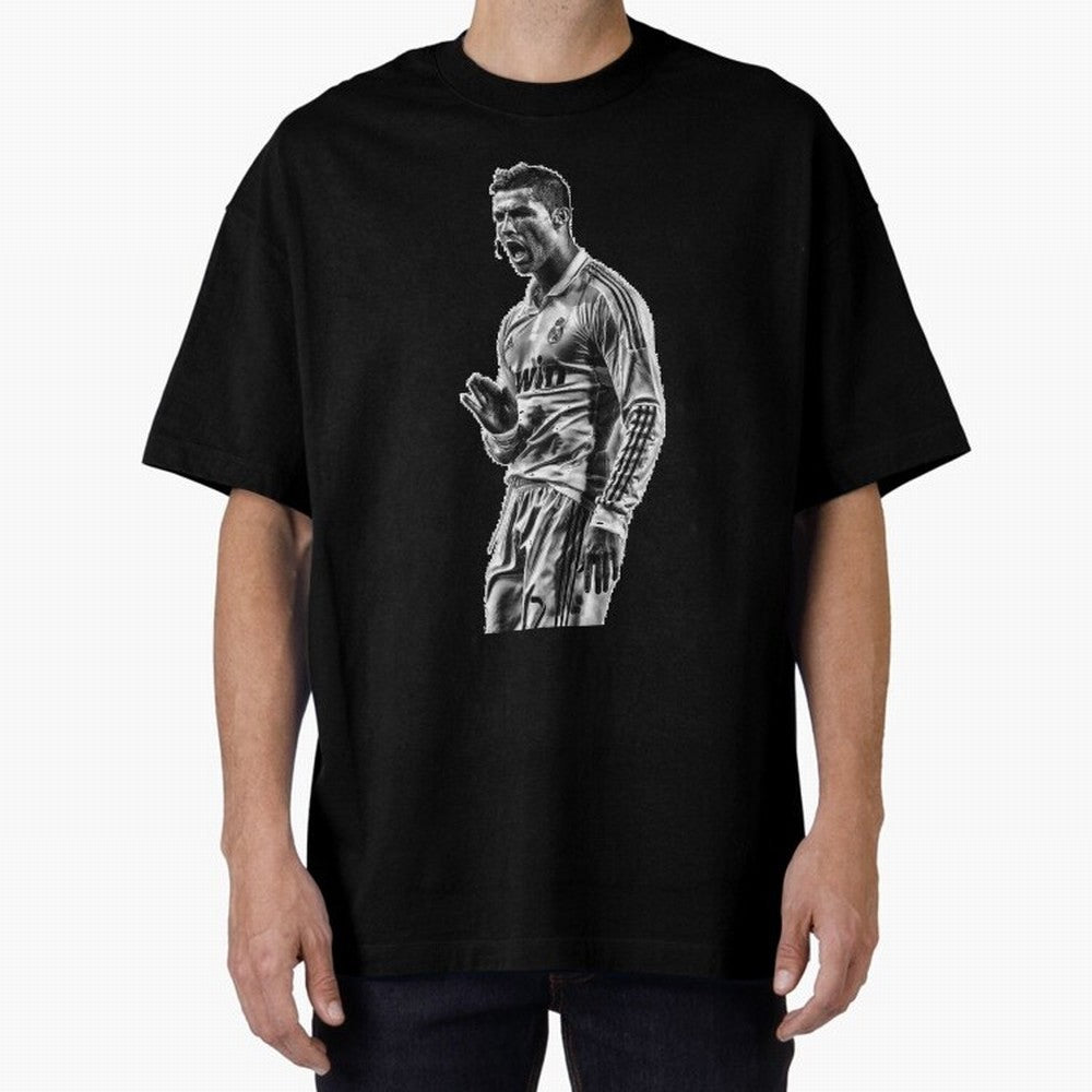 Cristiano Ronaldo Calma Oversized T-Shirt Celebrate Fan Culture around Match Day Hype around FIFA World Cup 2026 Group Stage, Messi, Neymar and Mbappe, Spain, Worldwide Fan Energy, Dramatic Goals, Stadium Lights and Championship Celebrations; Made