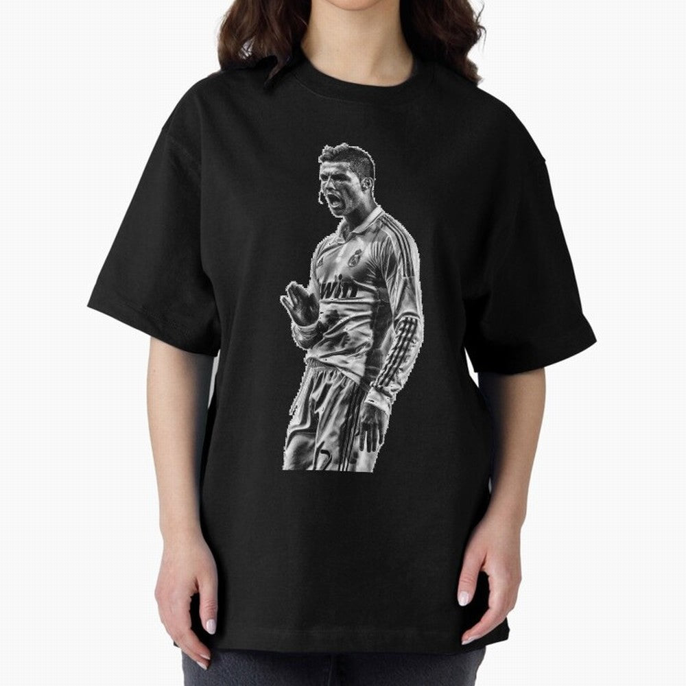 Cristiano Ronaldo Calma Oversized T-Shirt Celebrate Fan Culture around Match Day Hype around FIFA World Cup 2026 Group Stage, Messi, Neymar and Mbappe, Spain, Worldwide Fan Energy, Dramatic Goals, Stadium Lights and Championship Celebrations; Made