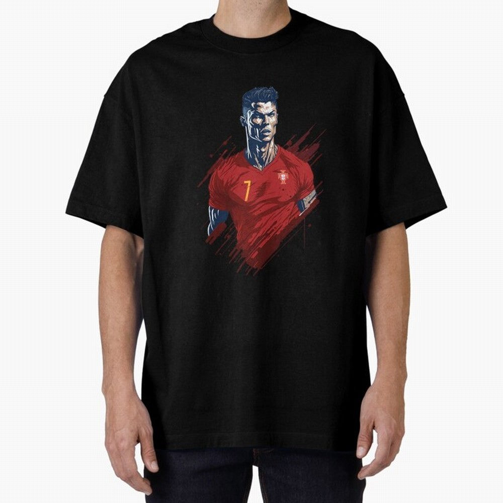 Cristiano Ronaldo splash art Oversized T-Shirt Relive FIFA World Cup 2026 Centered on CR7 and Messi, Spain Energy, Vintage Soccer Flavor, Modern Football Stars, National Flags and Final Night Emotion; Built for Supporters Chasing Trophy Dreams,