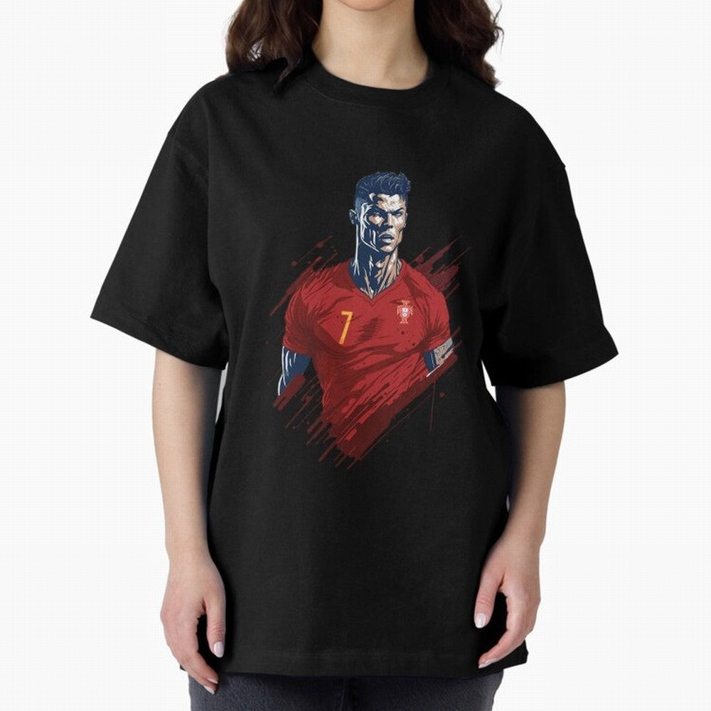 Cristiano Ronaldo splash art Oversized T-Shirt Relive FIFA World Cup 2026 Centered on CR7 and Messi, Spain Energy, Vintage Soccer Flavor, Modern Football Stars, National Flags and Final Night Emotion; Built for Supporters Chasing Trophy Dreams,
