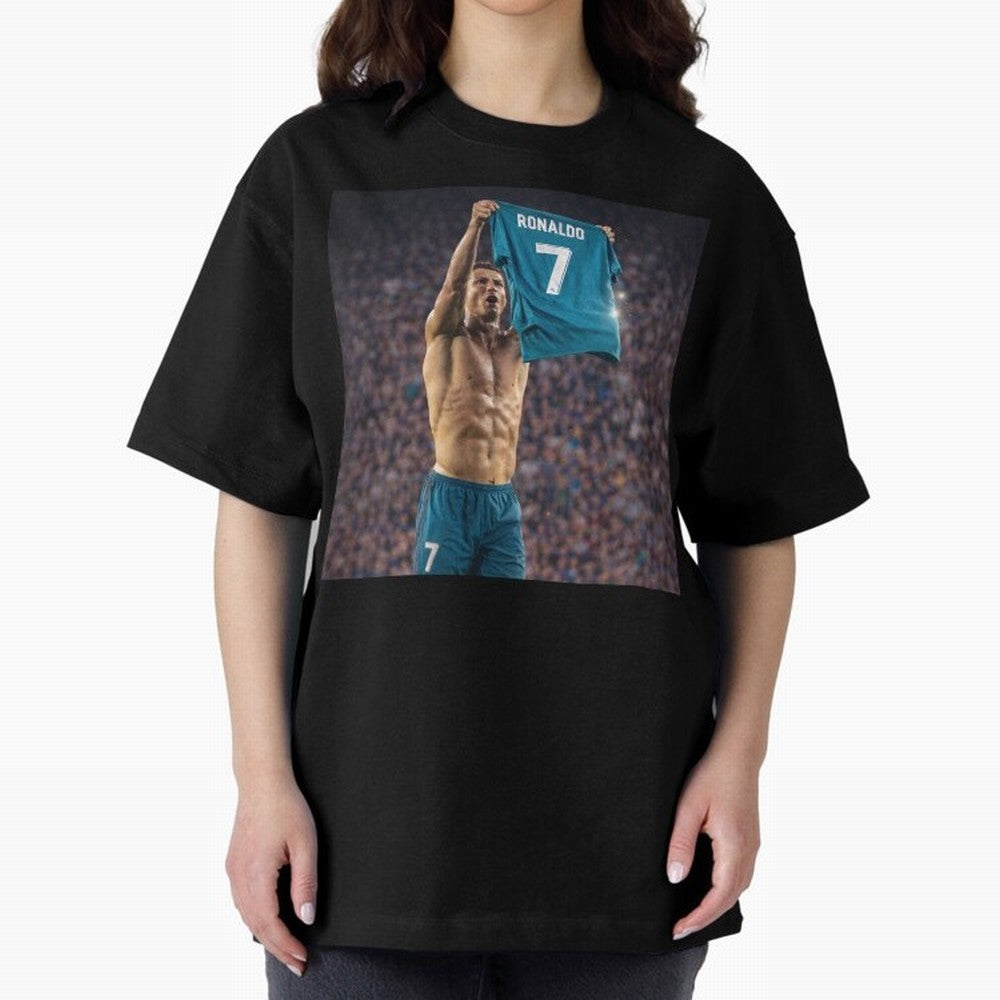 Ronaldo Holding Number Seven Shirt Oversized T-Shirt Embrace Match Day Hype around FIFA World Cup 2026 Group Stage, Messi, Neymar and Mbappe, Portugal, Football History, Final Match Energy, Crowd Noise and Once in a Lifetime Moments; Perfect for