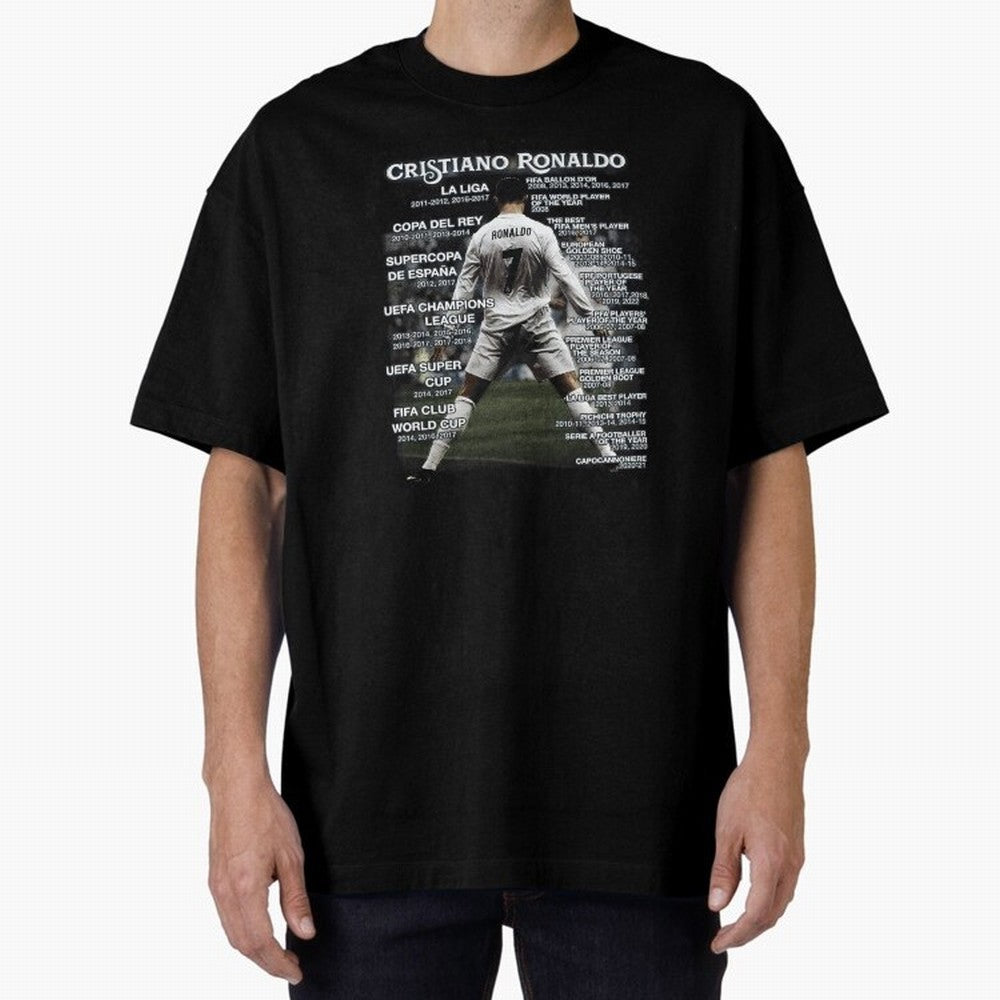 Cristiano Ronaldo Stats Oversized T-Shirt Capture FIFA World Cup 2026 Group Stage Filled with CR7 and Messi, Argentina and Brazil Energy, Retro Football Energy, Iconic Rivalries, Trophy Chase Drama and Stadium Atmosphere; Perfect for Supporters Who