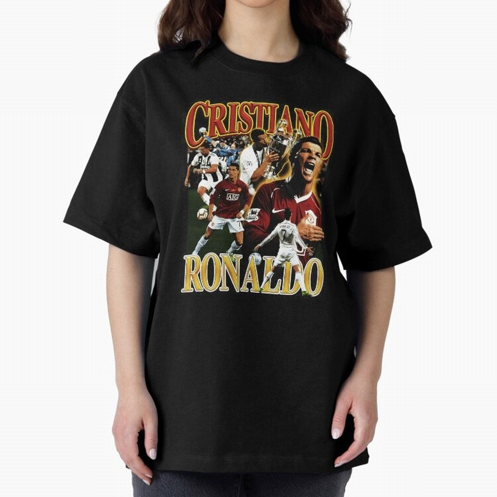 Cristiano Ronaldo Retro Collage Oversized T-Shirt Cheer for FIFA World Cup 2026 USA Canada Mexico for Fans of Mbappe and Neymar and Spain, Bringing Sports Nostalgia, International Competition, Famous Players and Unforgettable Victories; Perfect for