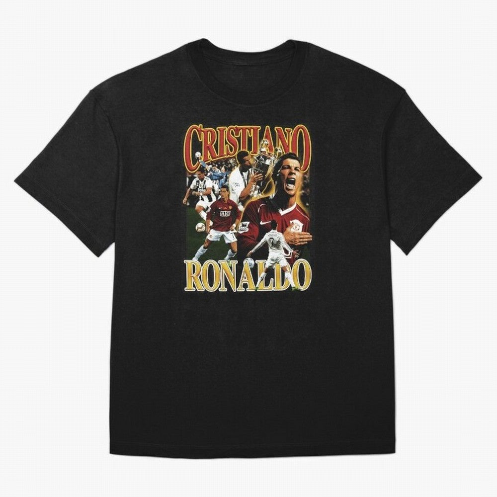 Cristiano Ronaldo Retro Collage Oversized T-Shirt Cheer for FIFA World Cup 2026 USA Canada Mexico for Fans of Mbappe and Neymar and Spain, Bringing Sports Nostalgia, International Competition, Famous Players and Unforgettable Victories; Perfect for