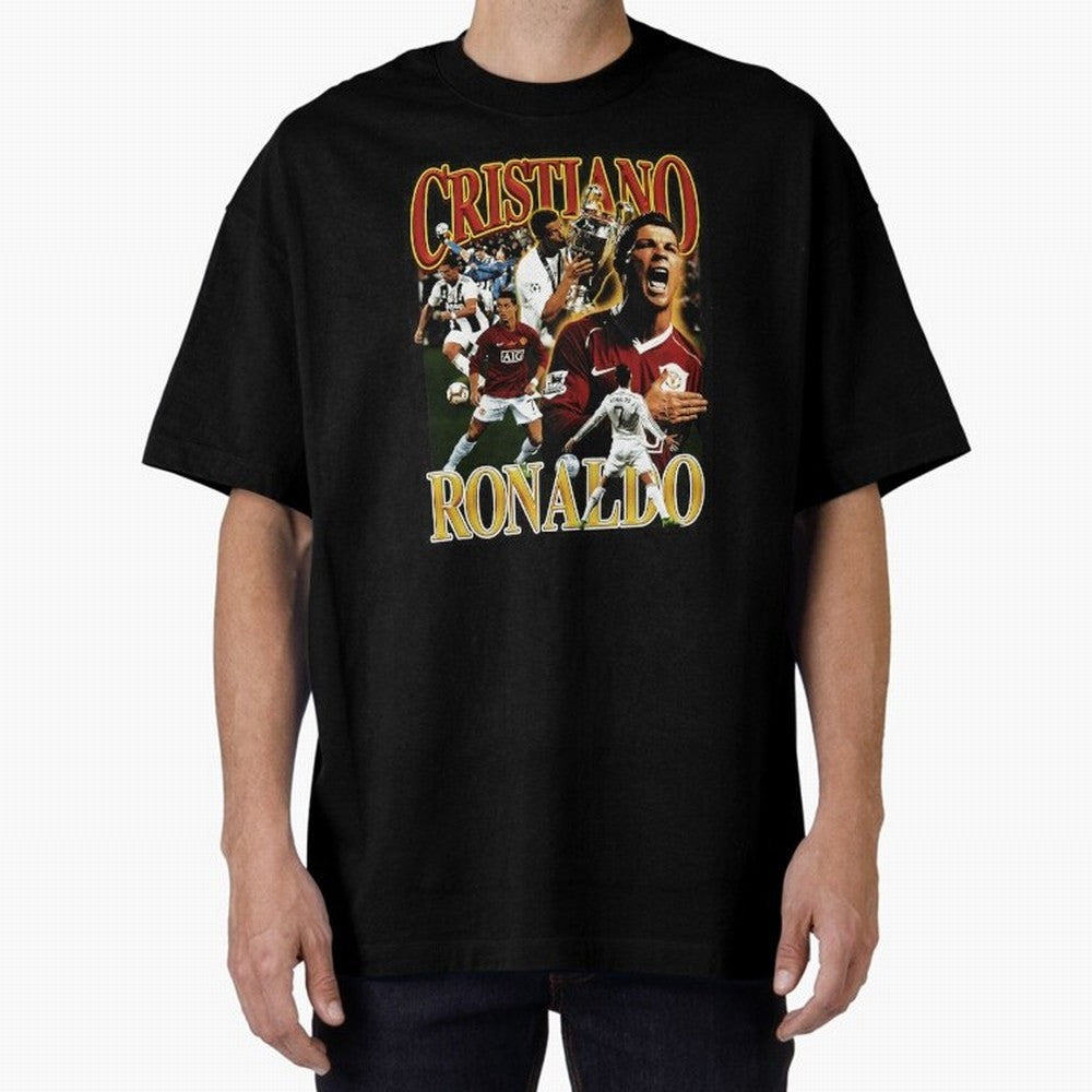 Cristiano Ronaldo Retro Collage Oversized T-Shirt Cheer for FIFA World Cup 2026 USA Canada Mexico for Fans of Mbappe and Neymar and Spain, Bringing Sports Nostalgia, International Competition, Famous Players and Unforgettable Victories; Perfect for