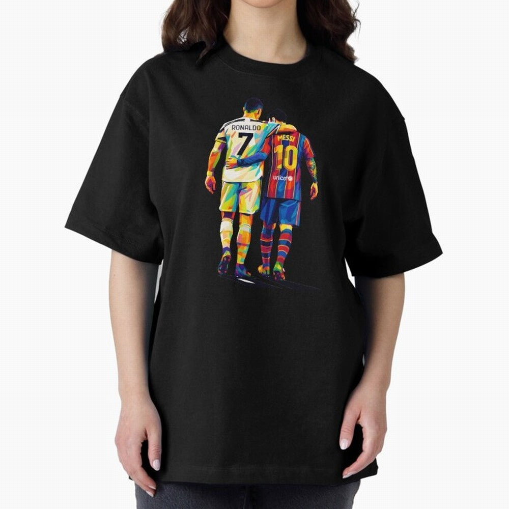 Cristiano Ronaldo And Messi Wpap Art Oversized T-Shirt Capture Global Football Passion for FIFA World Cup 2026 USA Canada Mexico, Inspired by Mbappe and Neymar, Portugal, Spain and Germany, Sports Nostalgia, International Competition, Famous