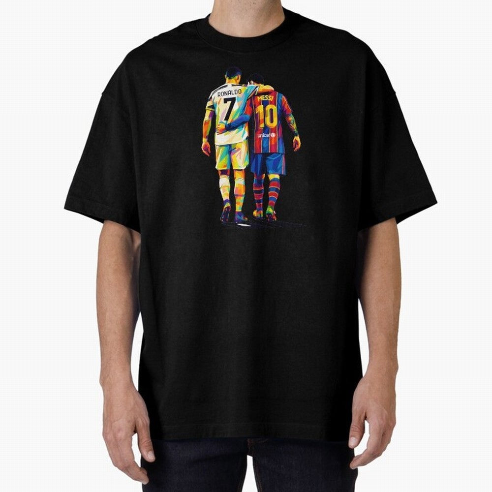 Cristiano Ronaldo And Messi Wpap Art Oversized T-Shirt Capture Global Football Passion for FIFA World Cup 2026 USA Canada Mexico, Inspired by Mbappe and Neymar, Portugal, Spain and Germany, Sports Nostalgia, International Competition, Famous