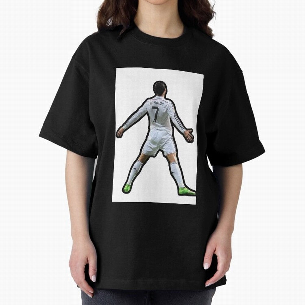 Cristiano Ronaldo Suii Sticker Oversized T-Shirt Represent Fans Who Live for the FIFA World Cup 2026 USA Canada Mexico Journey through Messi, CR7 and Mbappe Highlights, Portugal, Spain and Germany Pride, Retro Football Energy, Iconic Rivalries,