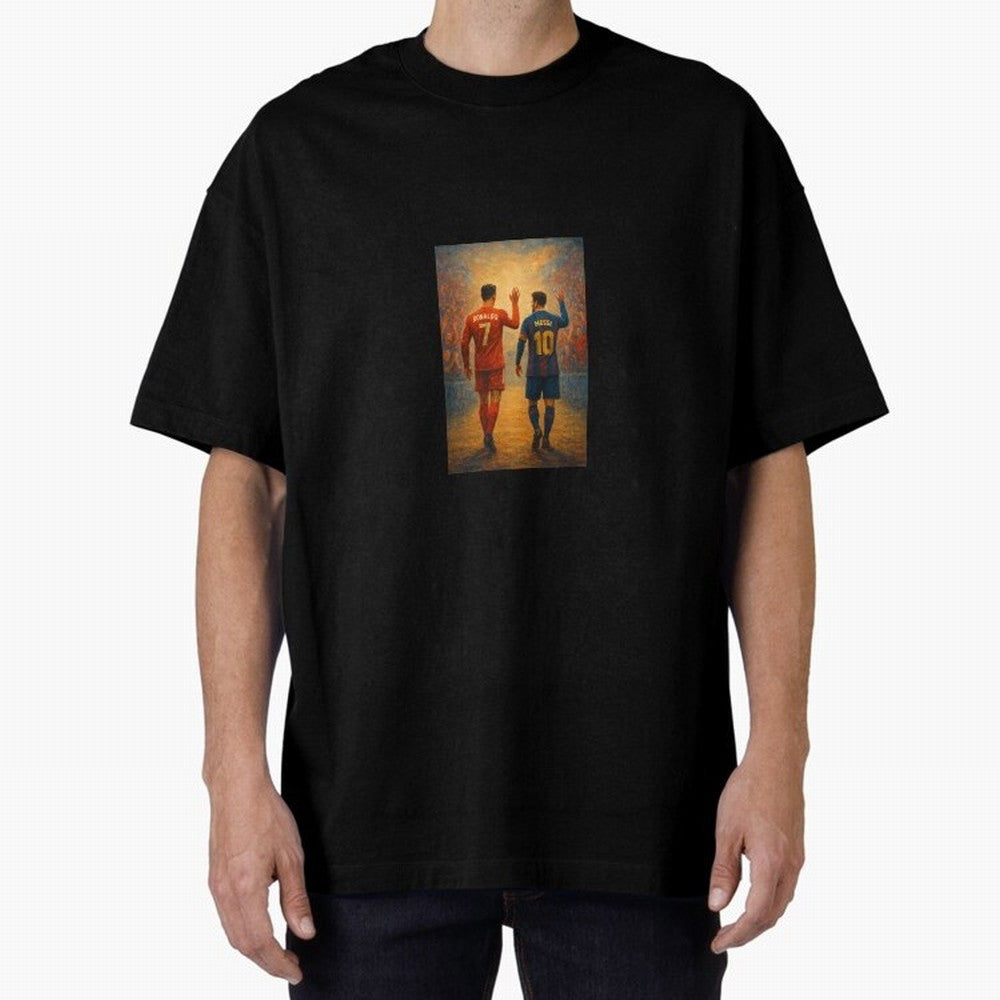 Cristiano Ronaldo and Messi Art Sticker Oversized T-Shirt Bring Retro Soccer Energy to FIFA World Cup 2026 USA Canada Mexico Spirit, Connected to Spain and Netherlands, CR7, Tournament Hype, Historic Matchups, Family Viewing Parties and Global