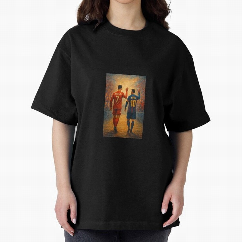 Cristiano Ronaldo and Messi Art Sticker Oversized T-Shirt Bring Retro Soccer Energy to FIFA World Cup 2026 USA Canada Mexico Spirit, Connected to Spain and Netherlands, CR7, Tournament Hype, Historic Matchups, Family Viewing Parties and Global