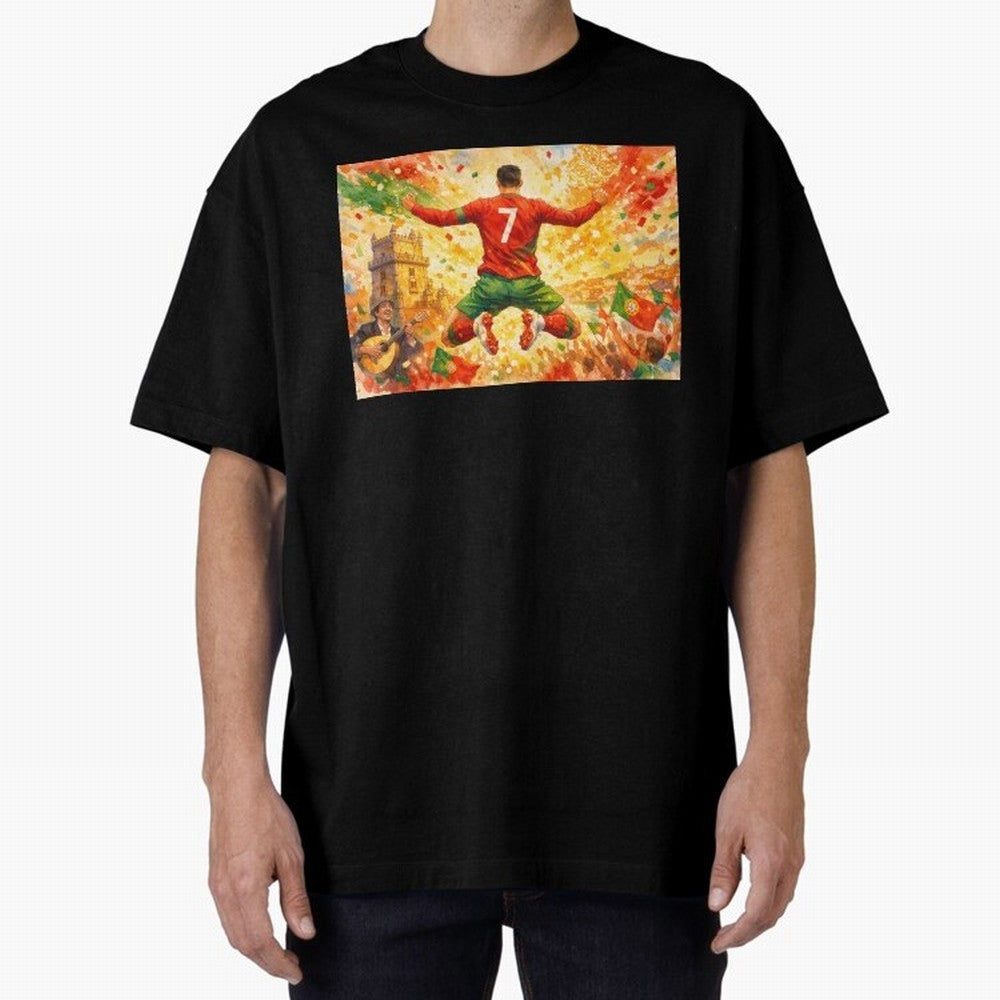 Soccer Player in Mid-Air Celebration Legend CR7 Oversized T-Shirt Feel the FIFA World Cup 2026 Group Stage Journey through Mbappe Highlights, Portugal, Spain and Germany Pride, Stadium Chants, National Pride, Trophy Dreams and Unforgettable