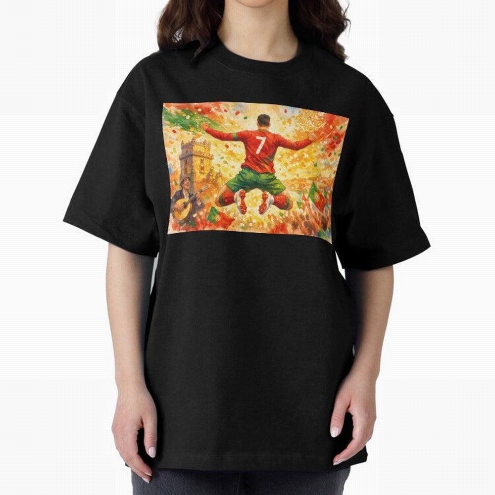 Soccer Player in Mid-Air Celebration Legend CR7 Oversized T-Shirt Feel the FIFA World Cup 2026 Group Stage Journey through Mbappe Highlights, Portugal, Spain and Germany Pride, Stadium Chants, National Pride, Trophy Dreams and Unforgettable
