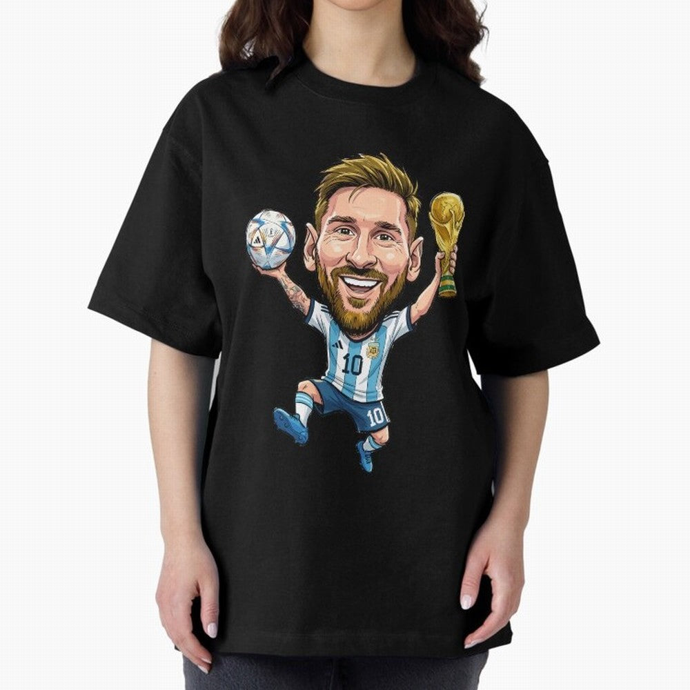 Messi Campion Caricatur Oversized T-Shirt Celebrate Football Dreams Across the FIFA World Cup 2026 Journey through Messi, Neymar and Mbappe Highlights, Brazil Pride, Champion Mindset, Group Stage Buzz, Knockout Tension and Passionate Fan Culture;
