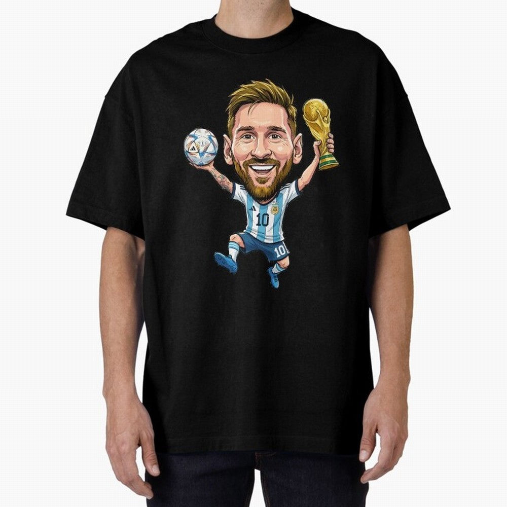 Messi Campion Caricatur Oversized T-Shirt Celebrate Football Dreams Across the FIFA World Cup 2026 Journey through Messi, Neymar and Mbappe Highlights, Brazil Pride, Champion Mindset, Group Stage Buzz, Knockout Tension and Passionate Fan Culture;