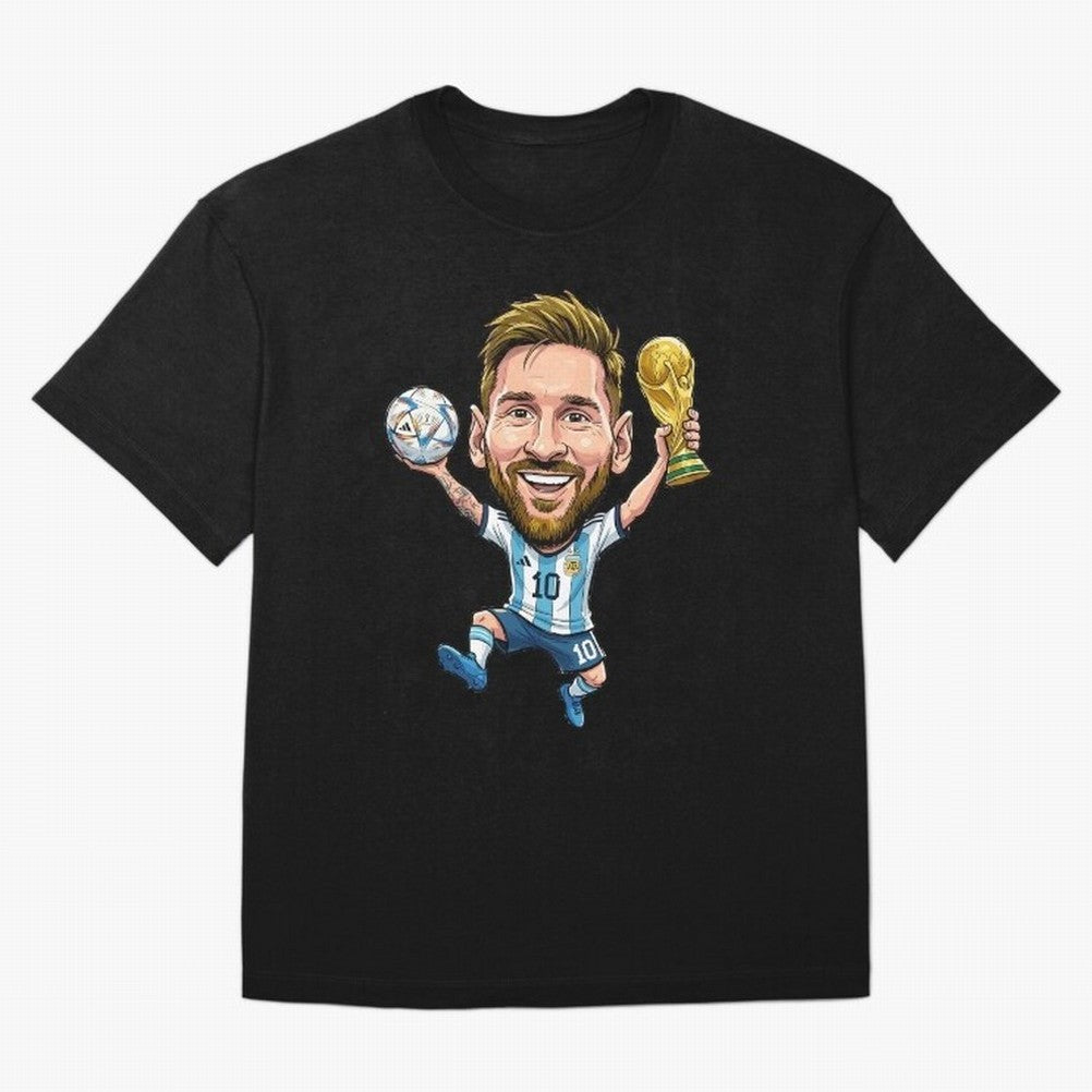 Messi Campion Caricatur Oversized T-Shirt Celebrate Football Dreams Across the FIFA World Cup 2026 Journey through Messi, Neymar and Mbappe Highlights, Brazil Pride, Champion Mindset, Group Stage Buzz, Knockout Tension and Passionate Fan Culture;