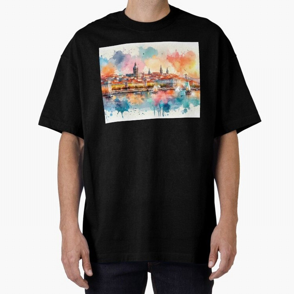 Lisbon cityscape with sailboats Oversized T-Shirt Carry National Pride through FIFA World Cup 2026 USA Canada Mexico Spirit, Inspired by Germany, Mbappe and Neymar, Game Day Rituals, Football Legends, Country Pride and the Road to the Final; Ideal