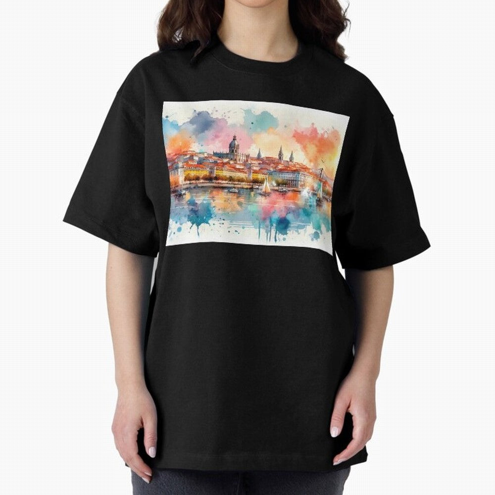Lisbon cityscape with sailboats Oversized T-Shirt Carry National Pride through FIFA World Cup 2026 USA Canada Mexico Spirit, Inspired by Germany, Mbappe and Neymar, Game Day Rituals, Football Legends, Country Pride and the Road to the Final; Ideal