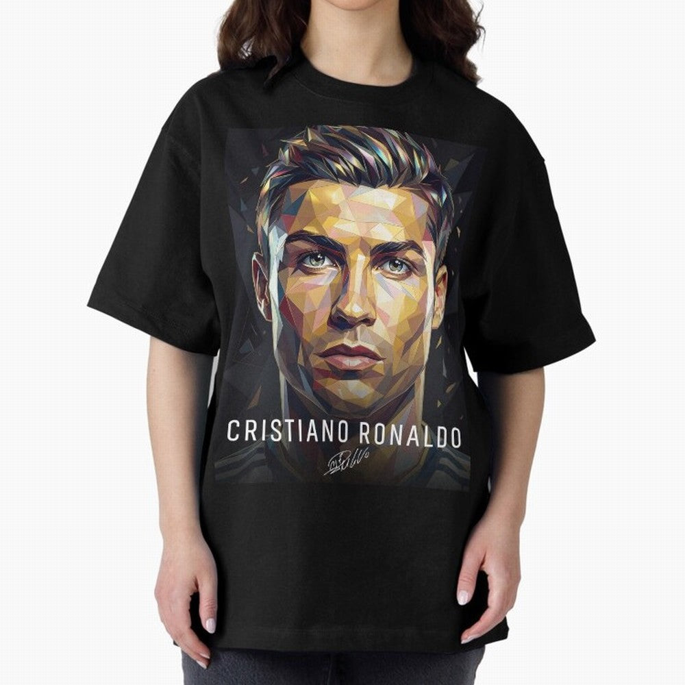 Cristiano Ronaldo Geometric Low Poly Soccer Legend Oversized T-Shirt Join Supporters Worldwide for FIFA World Cup 2026 USA Canada Mexico for Fans of Mbappe and Neymar and Brazil, Portugal and Argentina, Bringing Champion Mindset, Group Stage Buzz,