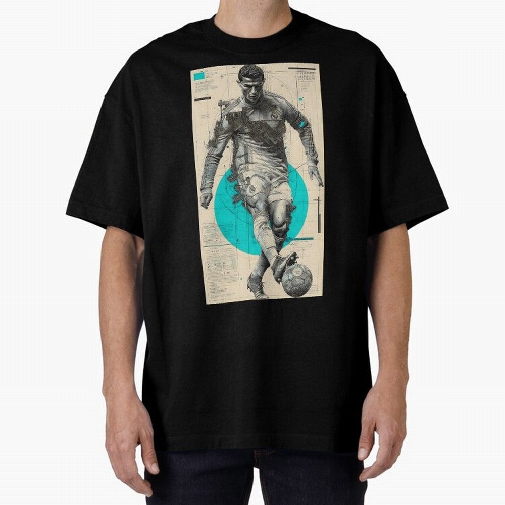 Futuristic Cristiano Ronaldo Illustration ¨C Cyber-Tech Football Art Oversized T-Shirt Support Iconic Players in the FIFA World Cup 2026 Journey through CR7 and Messi Highlights, England and Germany Pride, Global Supporter Spirit, Legendary Goals,