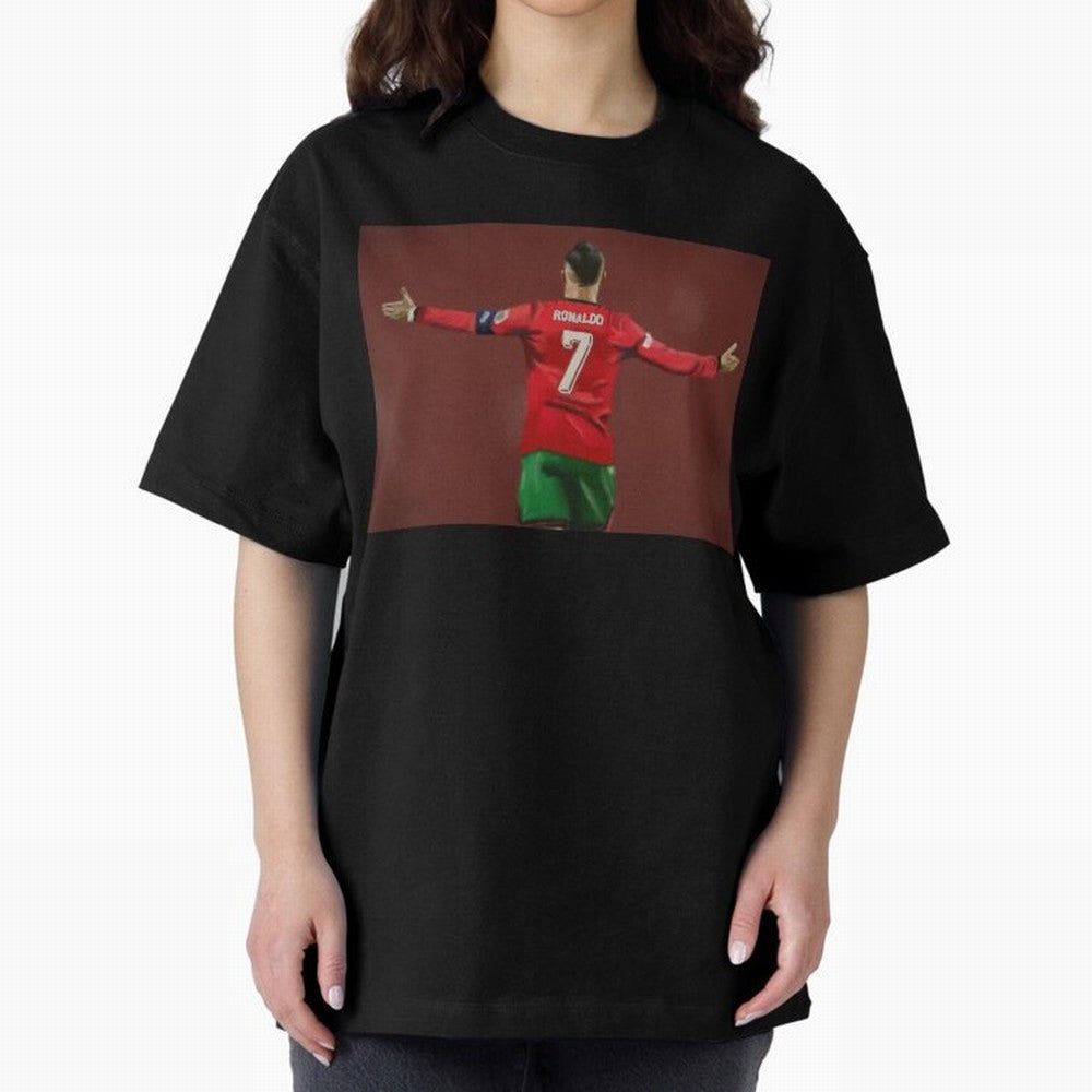 Cristiano Ronaldo portrait painting Oversized T-Shirt Discover Match Day Hype around FIFA World Cup 2026 USA Canada Mexico, CR7 and Messi, Argentina and Brazil, Retro Football Energy, Iconic Rivalries, Trophy Chase Drama and Stadium Atmosphere;