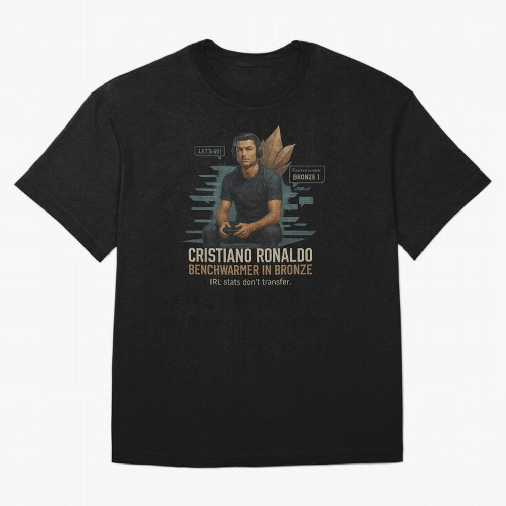Cristiano Ronaldo Bronze Gamer ¨C Benchwarmers IRL Stats Don¡¯t Transfer Oversized T-Shirt Honor the FIFA World Cup 2026 Journey through Cristiano Ronaldo, Haaland and CR7 Highlights, Argentina, France and Brazil Pride, Champion Mindset, Group