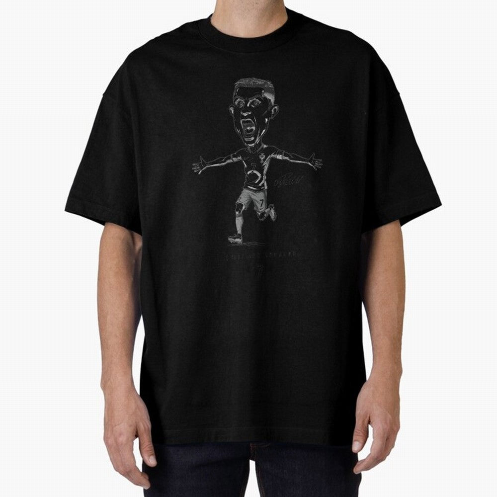 Cristiano Ronaldo Caricature - Portugal CR7 Legend - Football Art Oversized T-Shirt Honor Football Greatness during Match Day Hype around FIFA World Cup 2026, Messi, CR7 and Mbappe, Brazil, Portugal and Argentina, Goal Celebration Energy, Supporter