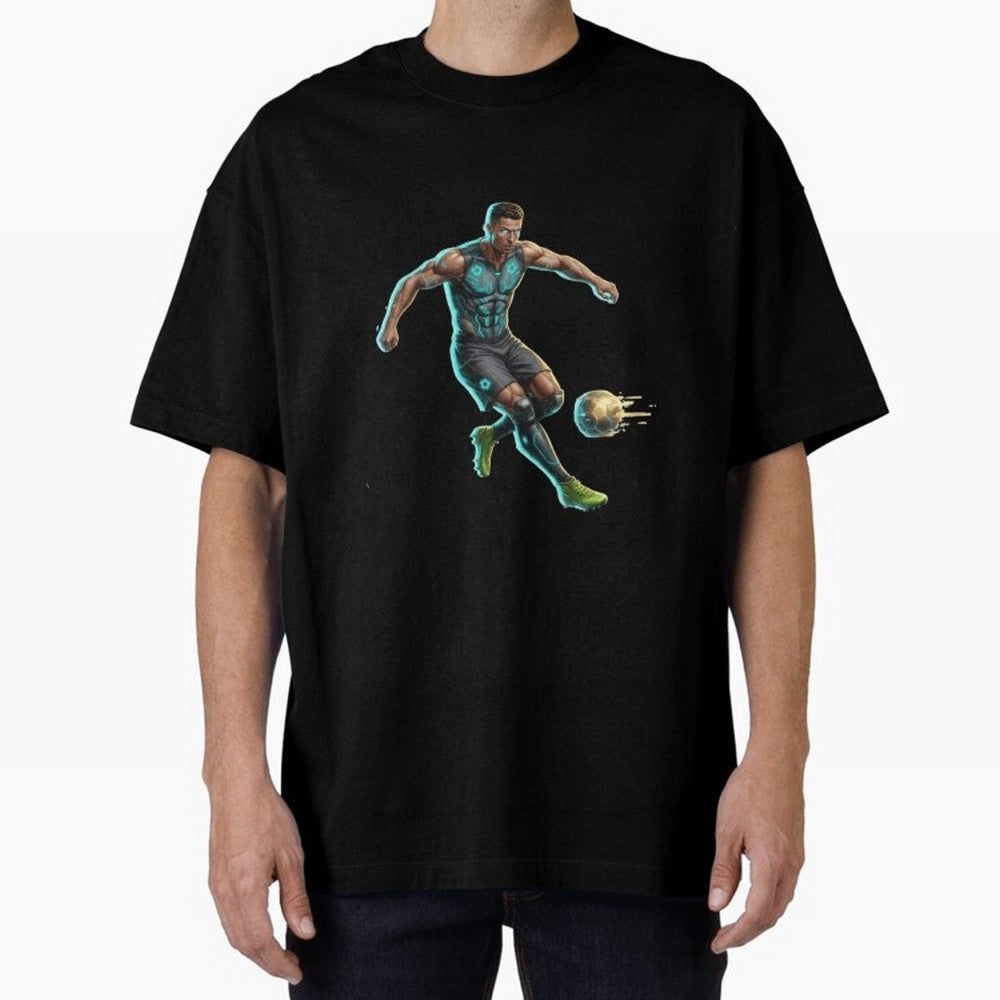 Cyberpunk Cristiano Ronaldo: Futuristic CR7 Kicking Glowing Soccer Ball Fan Art Oversized T-Shirt Honor the Beautiful Game during Global Football Passion for FIFA World Cup 2026, Inspired by Haaland and Mbappe, Portugal, Worldwide Fan Energy,