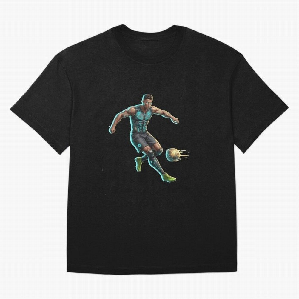Cyberpunk Cristiano Ronaldo: Futuristic CR7 Kicking Glowing Soccer Ball Fan Art Oversized T-Shirt Honor the Beautiful Game during Global Football Passion for FIFA World Cup 2026, Inspired by Haaland and Mbappe, Portugal, Worldwide Fan Energy,