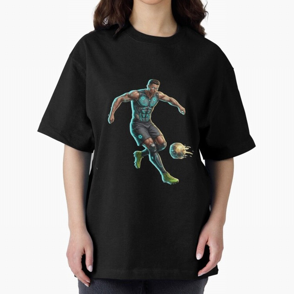 Cyberpunk Cristiano Ronaldo: Futuristic CR7 Kicking Glowing Soccer Ball Fan Art Oversized T-Shirt Honor the Beautiful Game during Global Football Passion for FIFA World Cup 2026, Inspired by Haaland and Mbappe, Portugal, Worldwide Fan Energy,