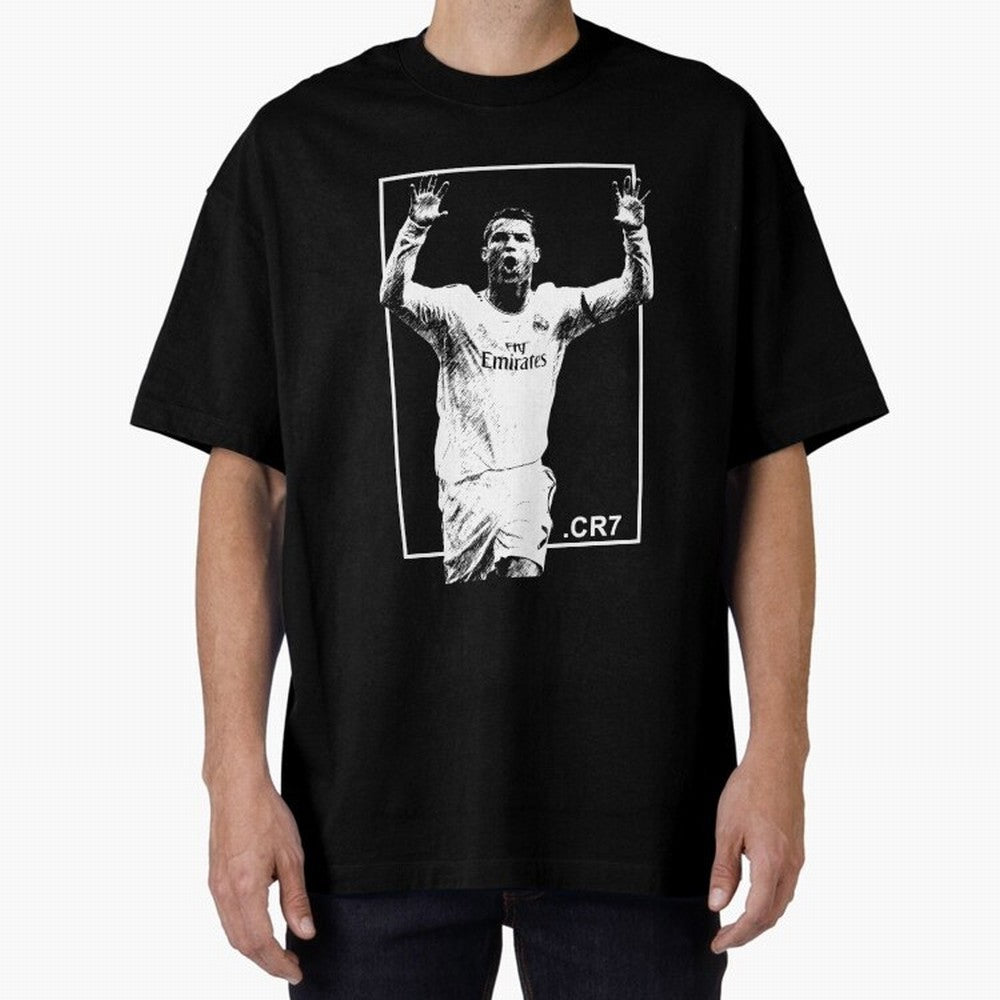 Cristiano Ronaldo CR7 in Black and White Design Oversized T-Shirt Join Match Day Hype around FIFA World Cup 2026, Haaland and Mbappe, England, Championship Spirit, Famous Goals, Roaring Crowds and International Football Unity; Built for Supporters
