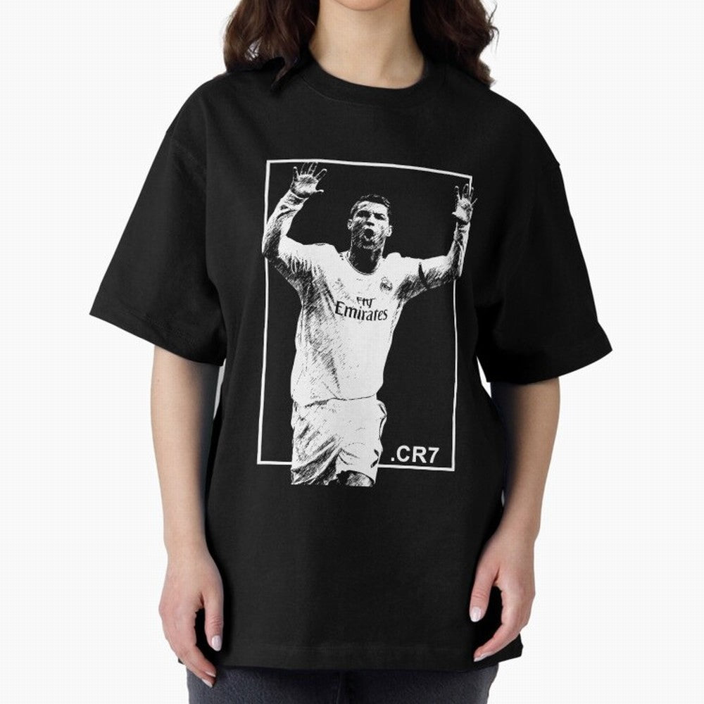 Cristiano Ronaldo CR7 in Black and White Design Oversized T-Shirt Join Match Day Hype around FIFA World Cup 2026, Haaland and Mbappe, England, Championship Spirit, Famous Goals, Roaring Crowds and International Football Unity; Built for Supporters