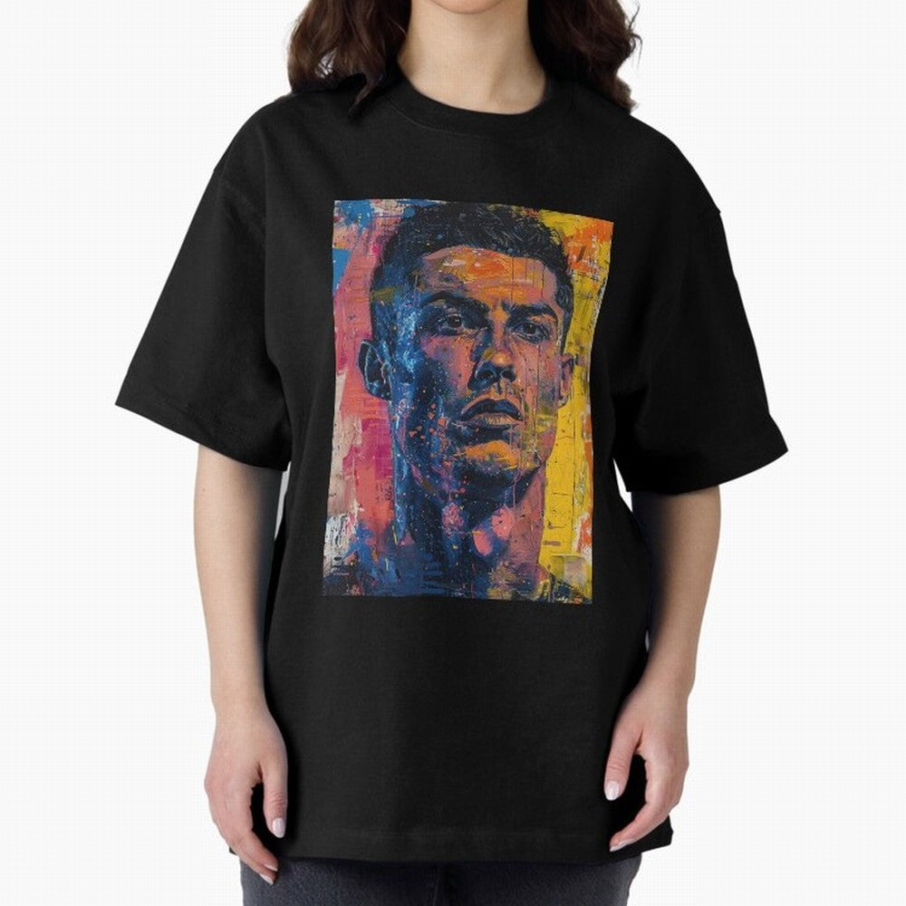 Cristiano Ronaldo illustration Oversized T-Shirt Follow the Final Road of Global Football Passion for FIFA World Cup 2026 Group Stage, Centered on Messi, Neymar and Mbappe, England and Germany, Sports Nostalgia, International Competition, Famous