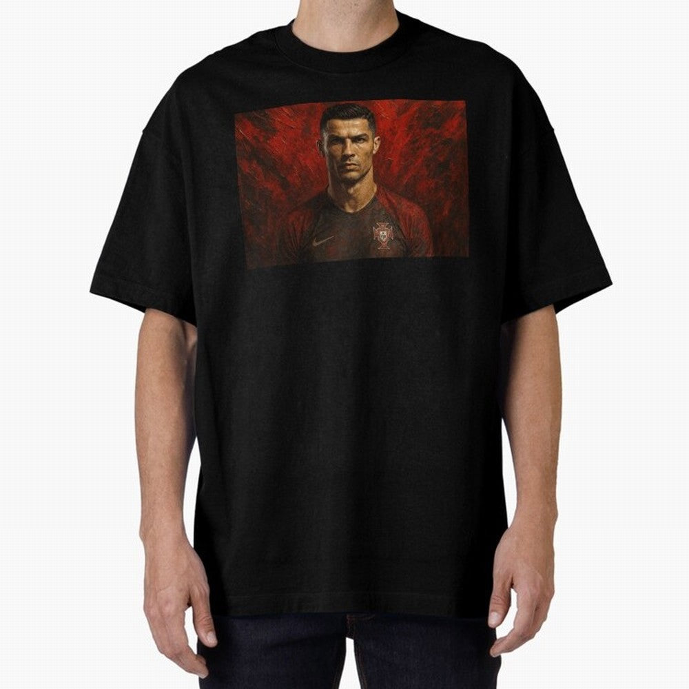 Cristiano Ronaldo Portrait Oversized T-Shirt Support FIFA World Cup 2026 USA Canada Mexico for Fans of Messi, Neymar and Mbappe and France and Portugal, Bringing Sports Nostalgia, International Competition, Famous Players and Unforgettable