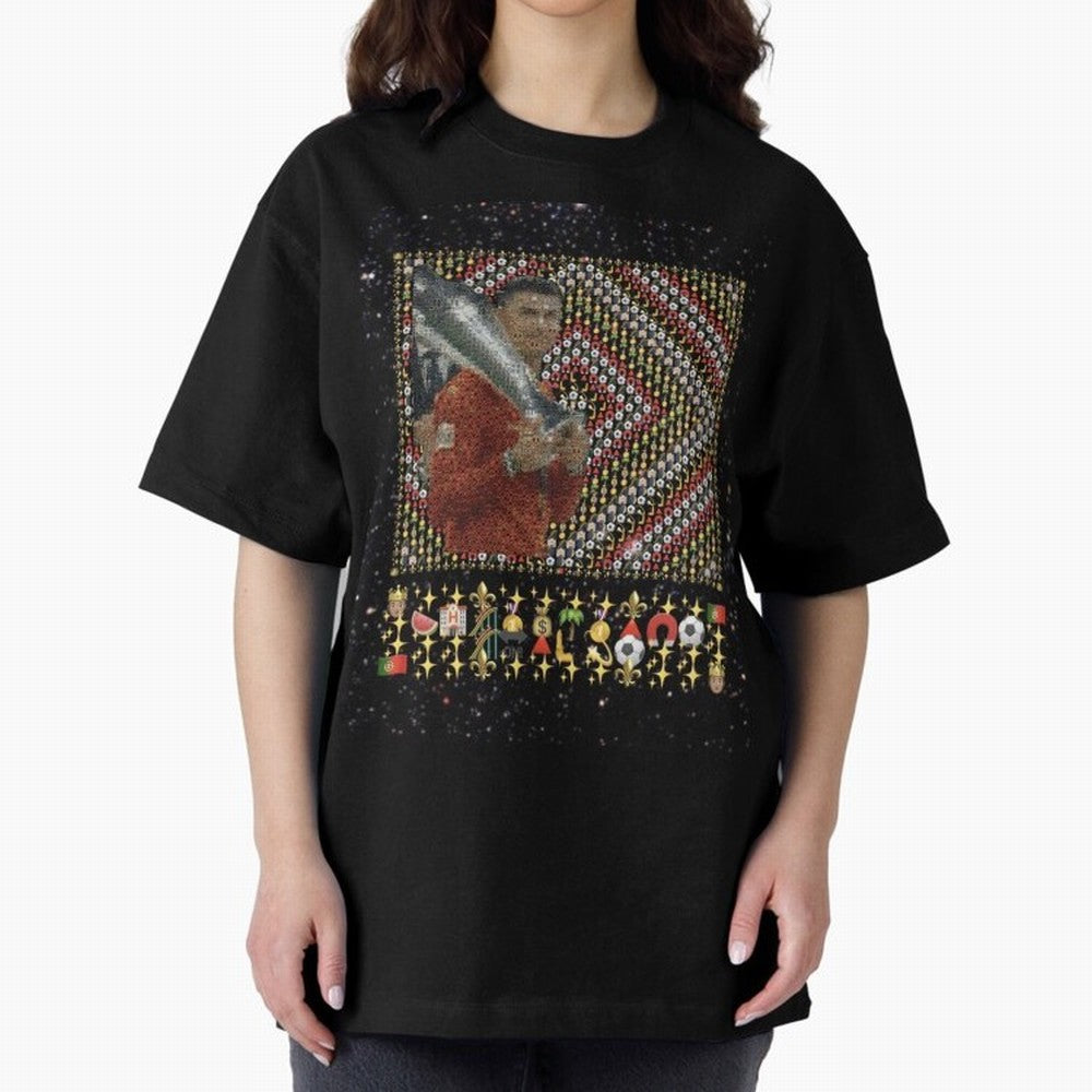 Iconic Emojified Football Legend Holding Victory Trophy | Inspired Art Oversized T-Shirt Show Your Love for FIFA World Cup 2026 Group Stage Spirit, Made for England, France and Netherlands, Cristiano Ronaldo, Classic Soccer Heritage, Championship