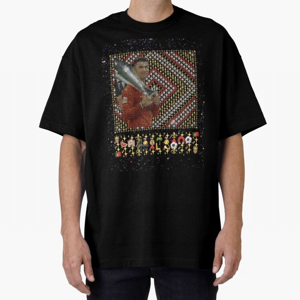 Iconic Emojified Football Legend Holding Victory Trophy | Inspired Art Oversized T-Shirt Show Your Love for FIFA World Cup 2026 Group Stage Spirit, Made for England, France and Netherlands, Cristiano Ronaldo, Classic Soccer Heritage, Championship