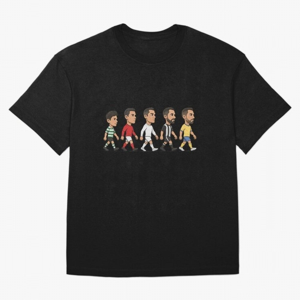 Ronaldo Evolution Sticker ¨C Cartoon Football Art from Sporting to Al-Nassr Oversized T-Shirt Bring Legendary Rivalry Energy to FIFA World Cup 2026 USA Canada Mexico Spirit, Filled with Portugal, Spain and Germany, CR7 and Messi, Football Festival