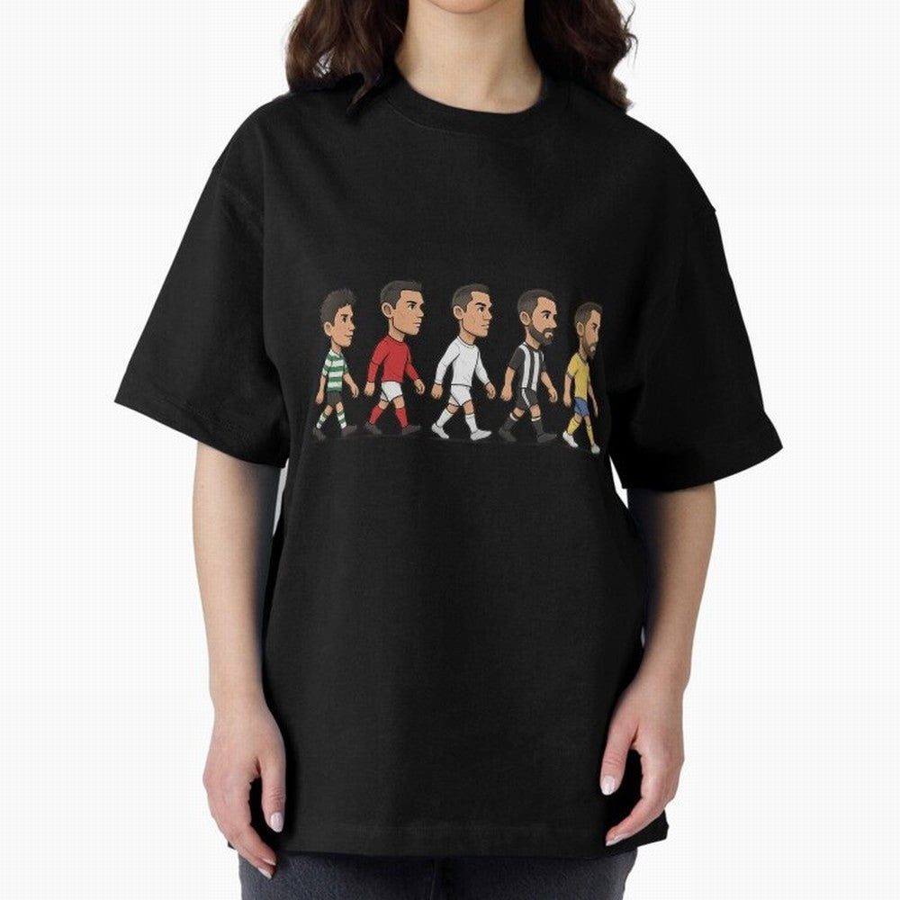 Ronaldo Evolution Sticker ¨C Cartoon Football Art from Sporting to Al-Nassr Oversized T-Shirt Bring Legendary Rivalry Energy to FIFA World Cup 2026 USA Canada Mexico Spirit, Filled with Portugal, Spain and Germany, CR7 and Messi, Football Festival
