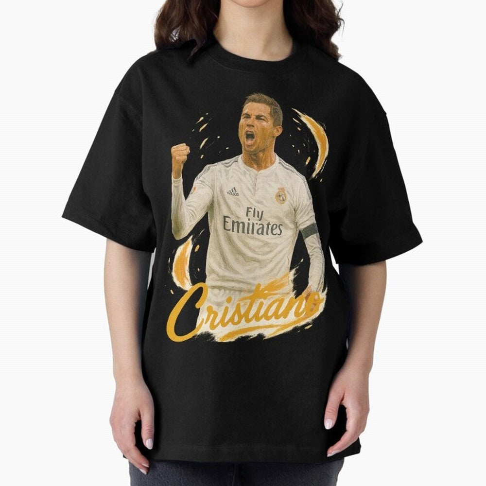Cristiano Ronaldo Madrid Art - Iconic Soccer Legend Tribute Oversized T-Shirt Share FIFA World Cup 2026 Spirit, Capturing Portugal, Haaland and Mbappe, Goal Celebration Energy, Supporter Heritage, Football Icons and Worldwide Tournament Joy;