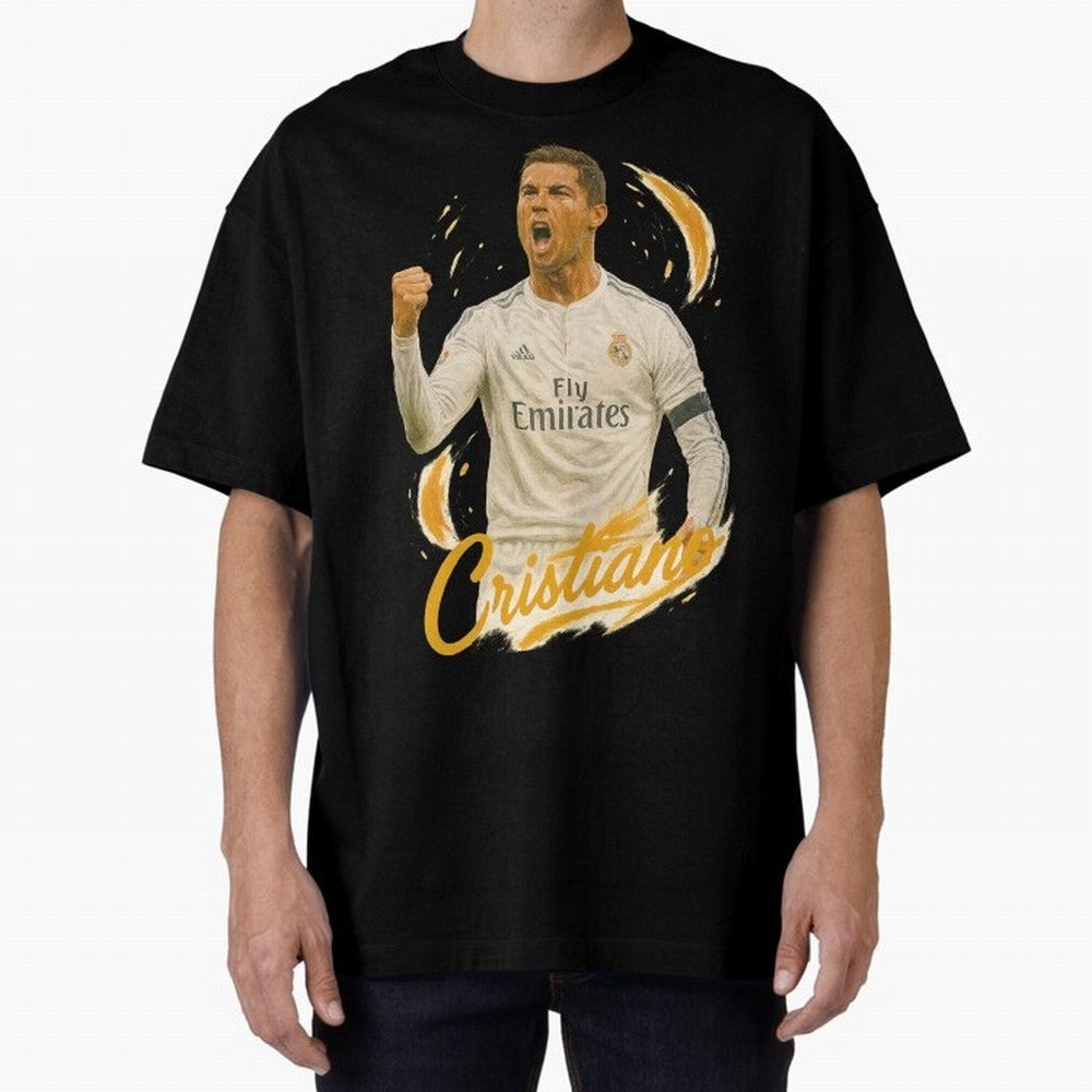 Cristiano Ronaldo Madrid Art - Iconic Soccer Legend Tribute Oversized T-Shirt Share FIFA World Cup 2026 Spirit, Capturing Portugal, Haaland and Mbappe, Goal Celebration Energy, Supporter Heritage, Football Icons and Worldwide Tournament Joy;