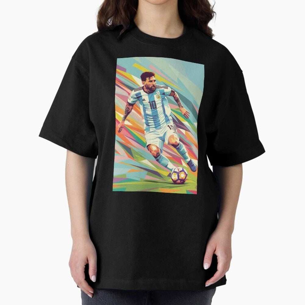Messi in action Graphic poster design Oversized T-Shirt Stand with FIFA World Cup 2026 with Messi, CR7 and Mbappe, England, France and Netherlands Energy, Classic Soccer Heritage, Championship Pressure, Fan Loyalty and International Pride; Perfect