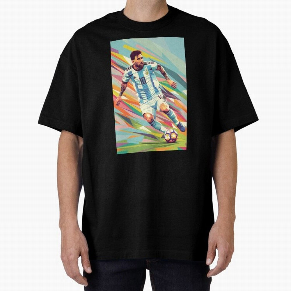 Messi in action Graphic poster design Oversized T-Shirt Stand with FIFA World Cup 2026 with Messi, CR7 and Mbappe, England, France and Netherlands Energy, Classic Soccer Heritage, Championship Pressure, Fan Loyalty and International Pride; Perfect